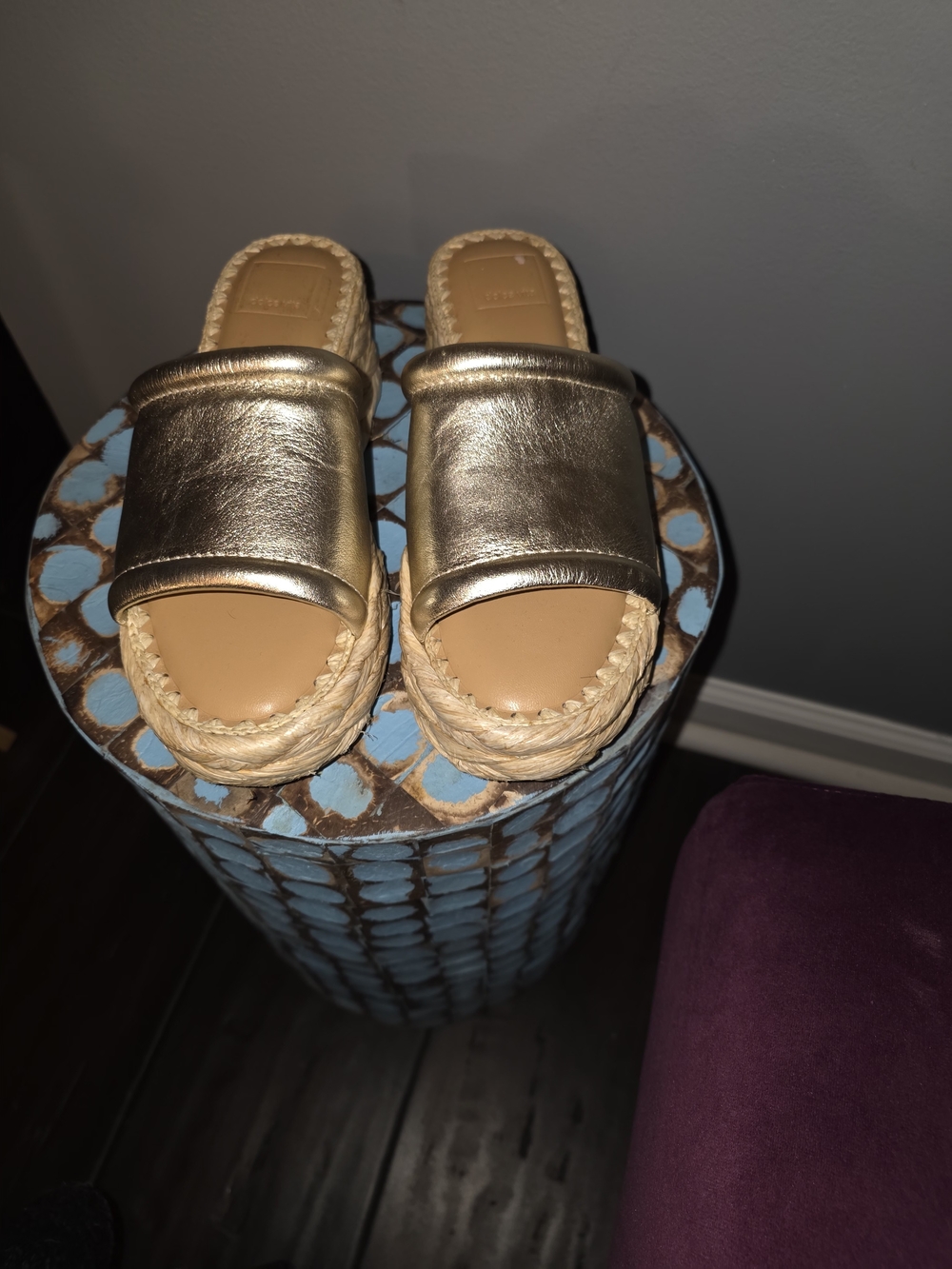 Dolce Vita Metallic Slide Espadrille Sandals in Gold Wedge